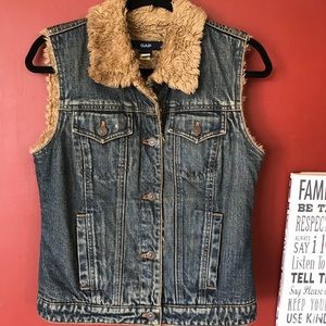 GAP Y2K Denim Faux Furry Warm Jean Vest Jacket